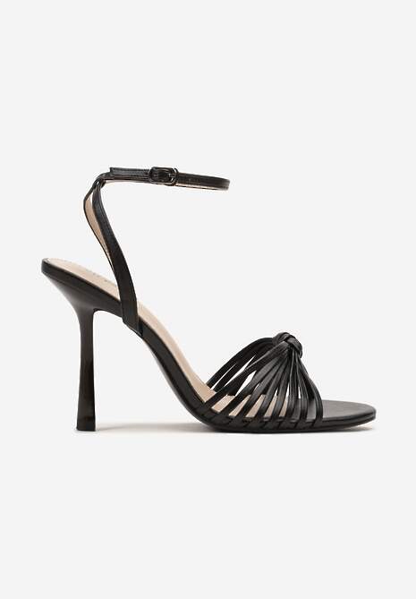 Czarne Sandały na Szpilce z Cienkimi Paseczkami z Supełkiem Wloedia