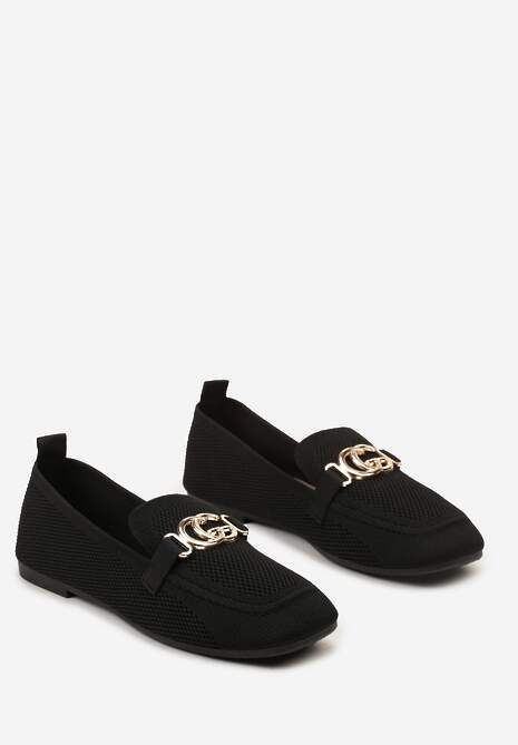 Czarne Mokasyny Wsuwane ze Ściętym Noskiem i Metaliczną Klamerką Kanela