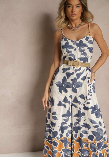 Niebiesko-Beżowy Kombinezon Wide Leg z Wiskozą na Ramiączkach Iffiane