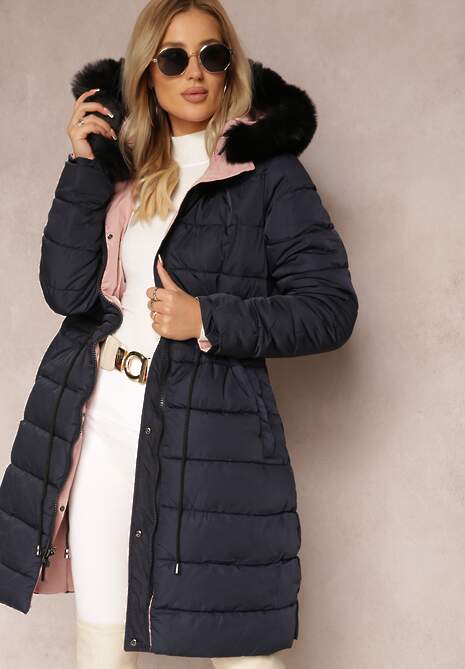 Różowa Dwustronna Kurtka ze Ściągaczem i Kapturem z Futerkiem Divya