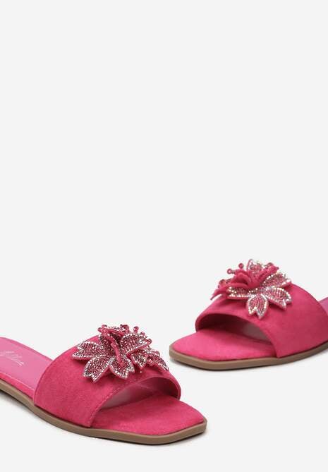 Fuksjowe Klapki z Ozdobną Kwiecistą Aplikacją i Cyrkoniami Sicarda