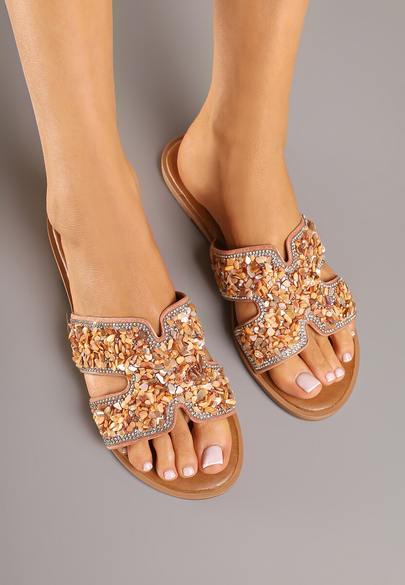 Różowe Klapki na Płaskiej Podeszwie Zdobione Wycięciami i Cyrkoniami Nilaraen