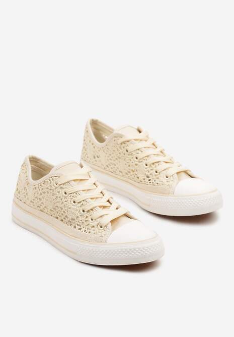 Beżowe Trampki z Krótką Ażurową Cholewką Paerina
