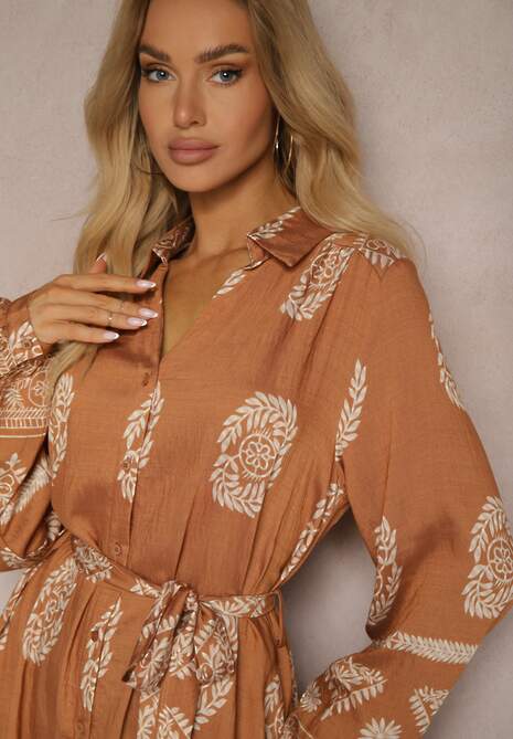 Jasnobrązowa Sukienka Koszulowa Wiązana w Pasie w Stylu Boho Rorisha