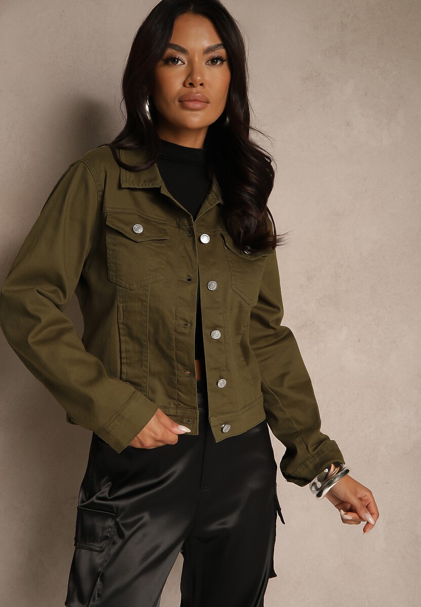 Różowa Jeansowa Kurtka z Bawełny z Guzikami i Kieszeniami Ainztia