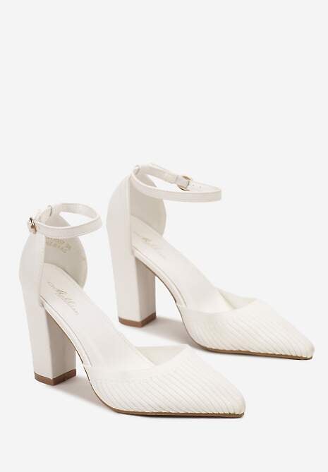 Białe Czółenka z Ekoskóry Zapinane przy Kostce ze Słupkowym Obcasem Dimlli