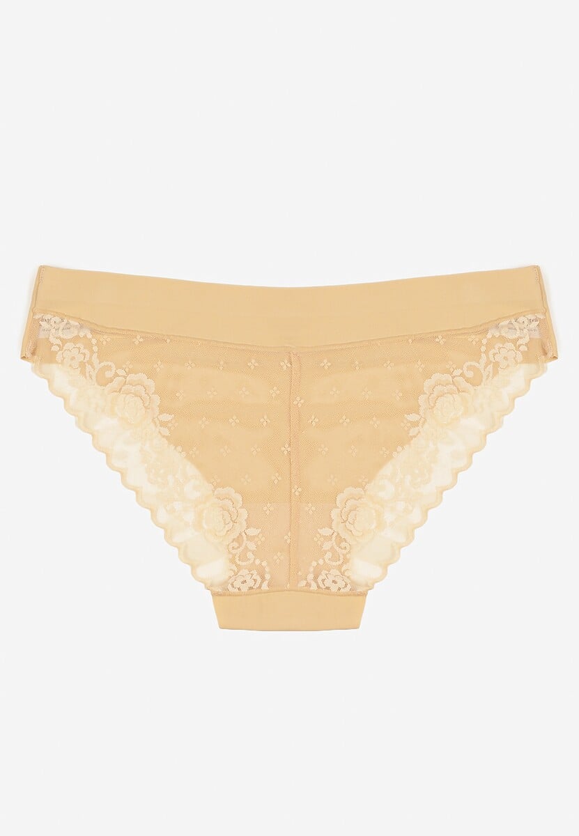 Beżowe Bezszwowe Majtki o Kroju Fig z Koronką Zeiarae