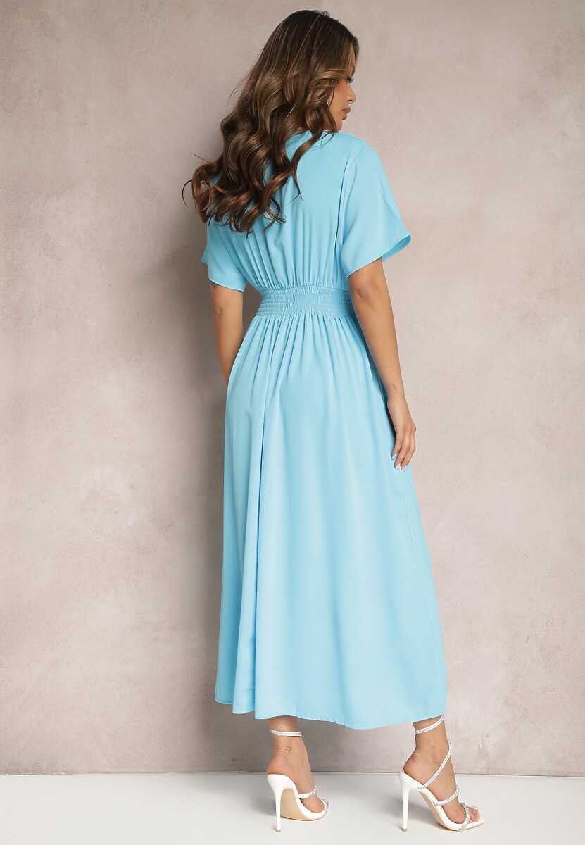 Niebieska Rozkloszowana Sukienka Długa o Kopertowym Kroju Alarava