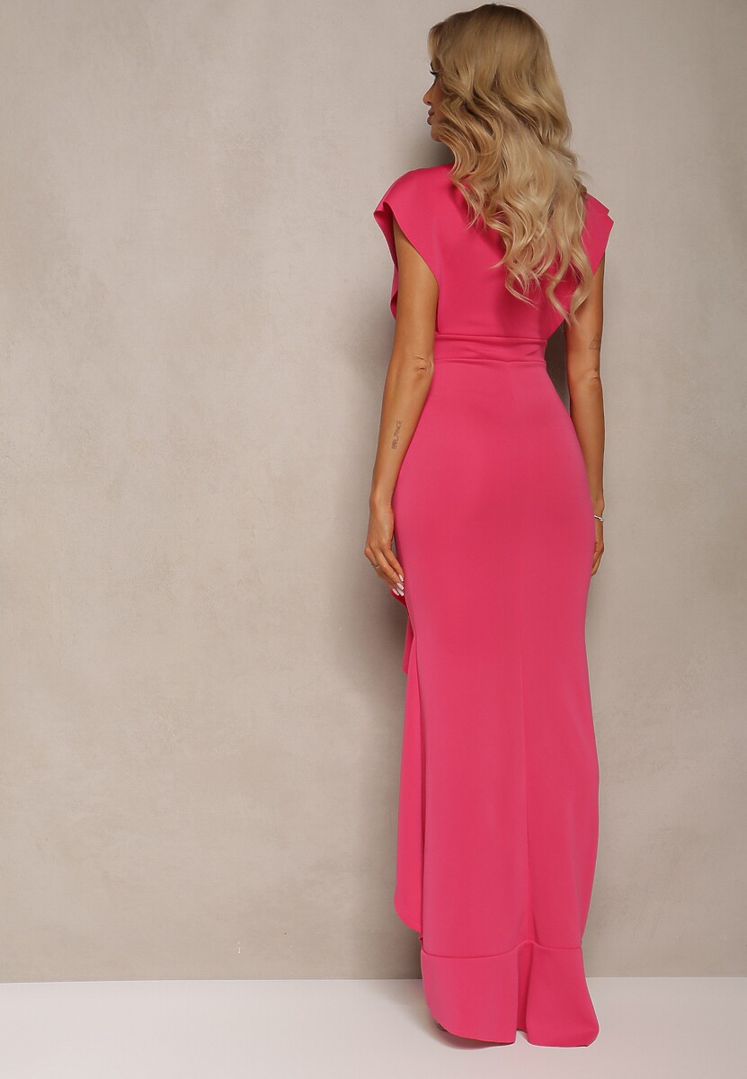 Fuksjowa Elegancka Sukienka Długa o Asymetrycznym Fasonie z Dekoltem w V i Falbaną Efimea