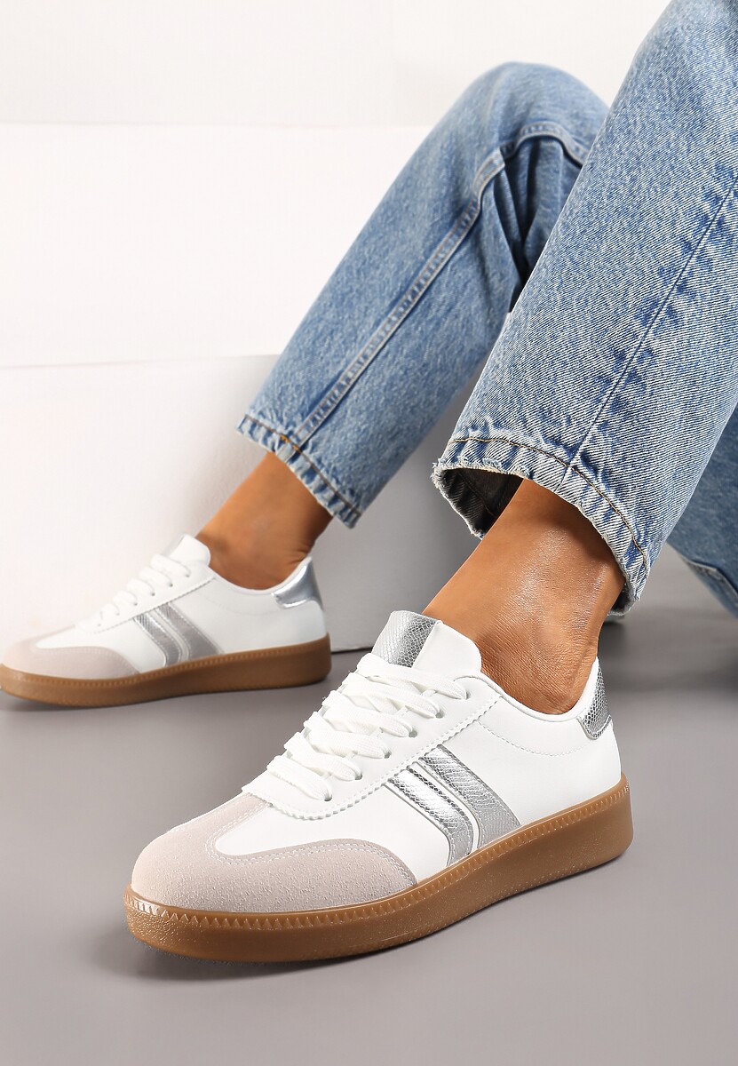 Biało-Srebrne Sznurowane Sneakersy Tenisówki z Kauczukową Podeszwą Gialessa