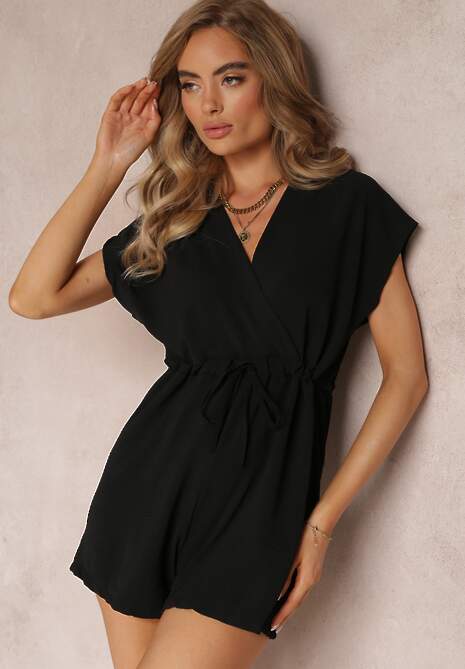 Czarny Krótki Kombinezon ze Ściągaczem w Talii Weam