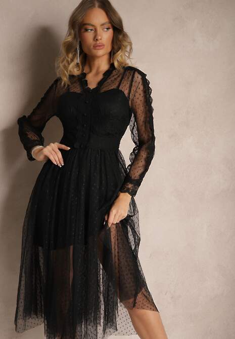 Czarna Rozkloszowana Sukienka Midi z Tiulu z Koronką Rislaine