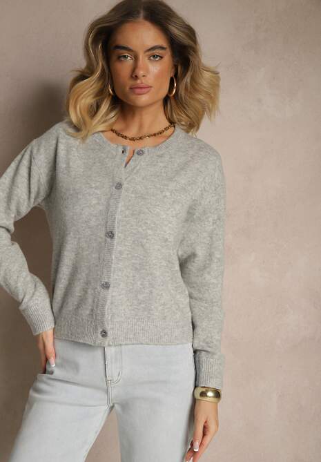 Szary Klasyczny Kardigan z Zaokrąglonym Dekoltem Reonira