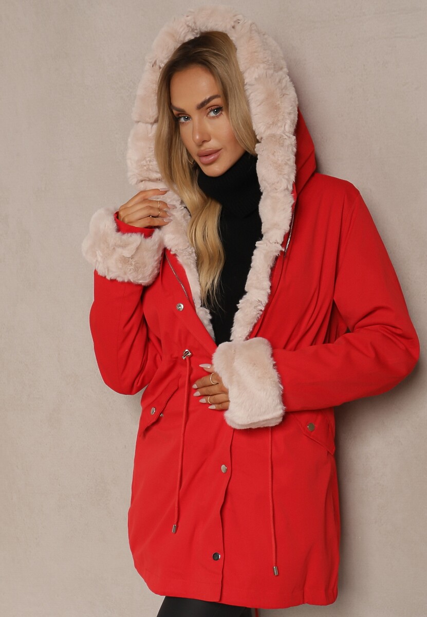 Czerwona Kurtka Parka o Klasycznym Kroju z Kapturem i Futrem z Możliwością Odpięcia Ninnorina