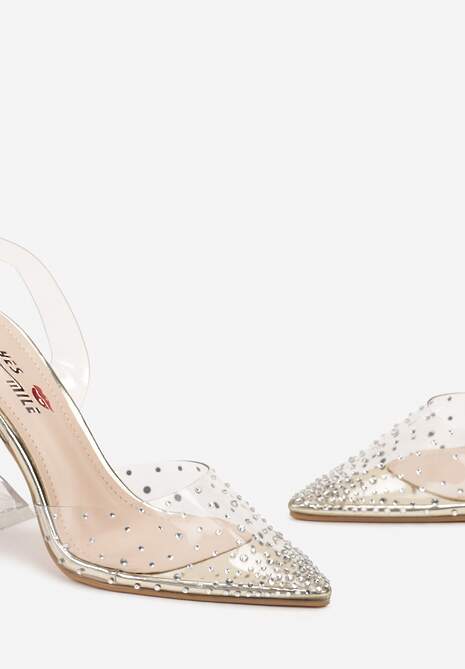 Złote Sandały z Transparentną Cholewką Ozdobioną Cyrkoniami na Geometrycznym Obcasie Cedrella