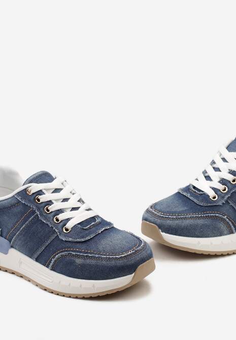 Granatowe Sneakersy z Jeansowego Materiału ze Złotymi Wstawkami i Ozdobnymi Przeszyciami Anilema
