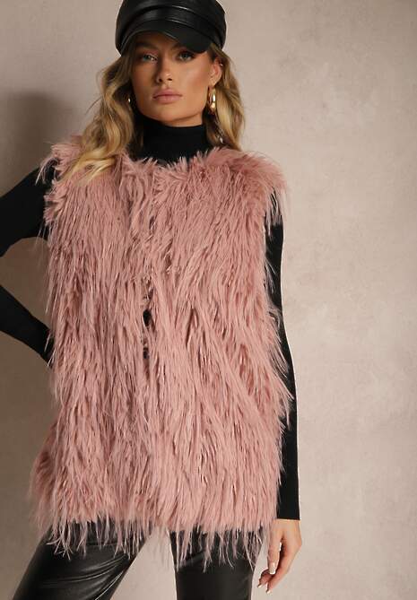 Ciemnoróżowa Futerkowa Kamizelka o Prostym Kroju z Kieszeniami Venialith