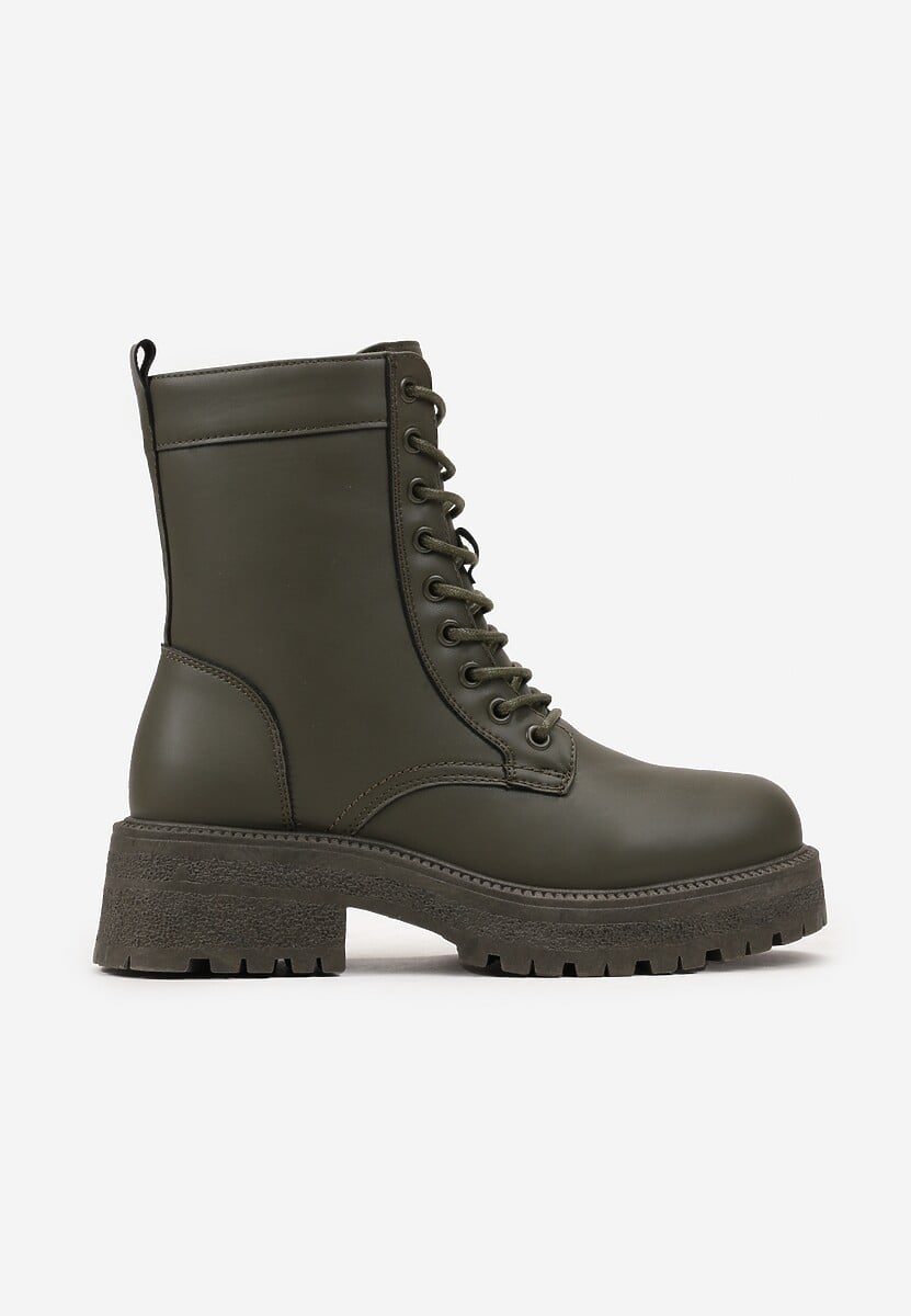 Zielone Sznurowane Botki na Grubej Podeszwie Attira