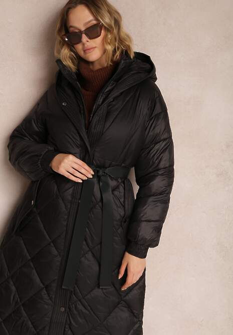 Czarna Kurtka za Kolano Pikowana z Wiązanym Paskiem Cealia