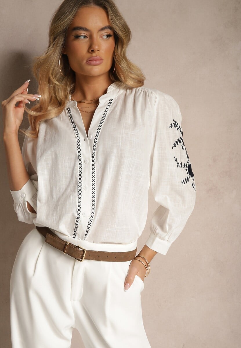 Granatowa Koszula Bawełniana z Ozdobnym Haftem i Falbanką Gonnarel