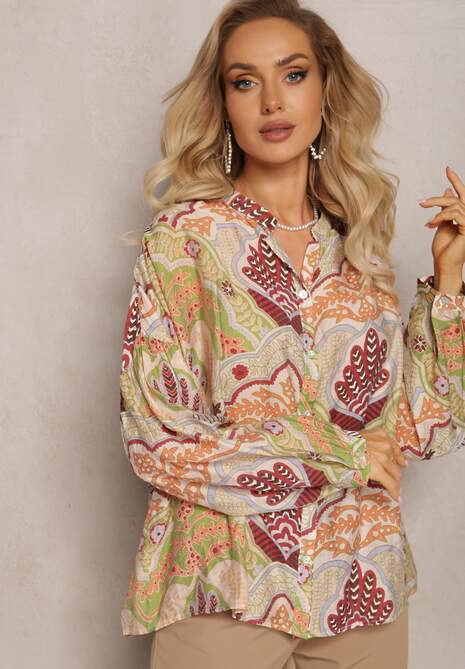 Beżowo-Zielona Koszula z Wiskozą Zapinana Guzikami w Modny Wzór z Ornamentami Mingula