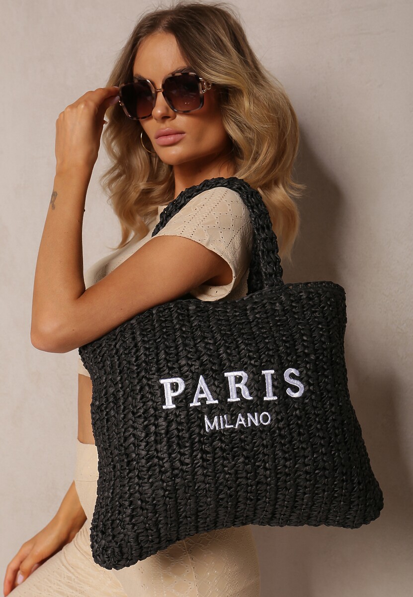 Czarna Duża Torebka z Plecionki Ozdobiona Napisem Degelia