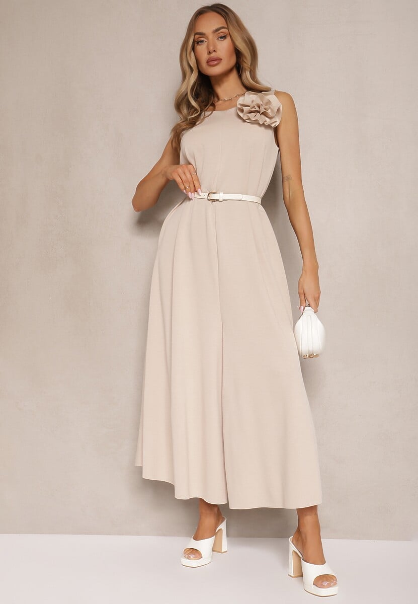 Beżowy Kombinezon z Wiskozą Ozdobiona Kwiatem Broszką 3D Solio