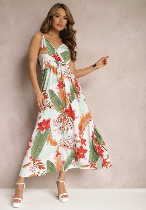 Biało-Zielona Wiskozowa Sukienka Rozkloszowana o Kopertowym Dekolcie na Ramiączkach Filinestia