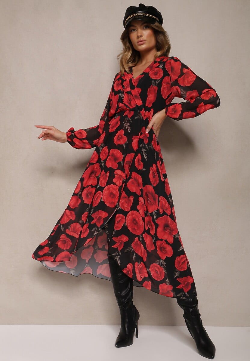 Czerwono-Czarna Asymetryczna Sukienka w Kwiaty o Kopertowym Kroju z Gumką w Talii Viradi