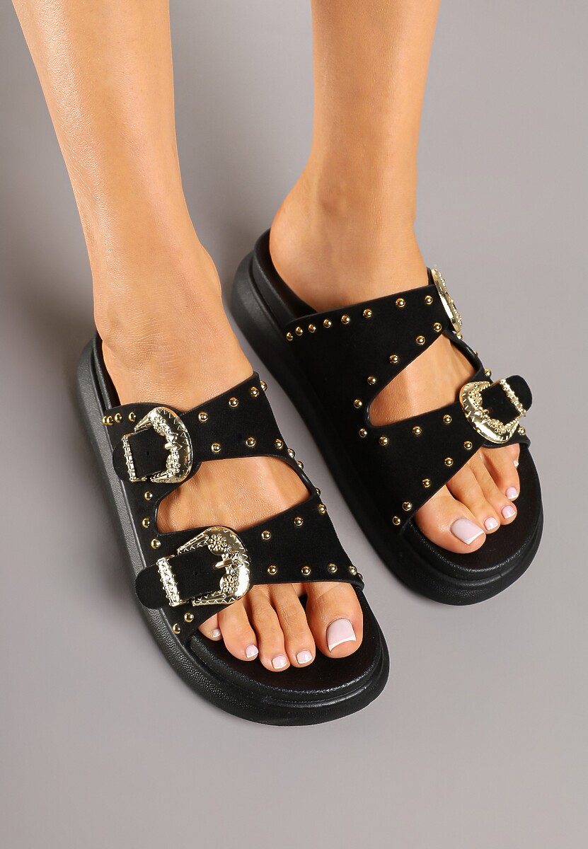 Czarne Klapki z Nitami i Klamrami Ravisi