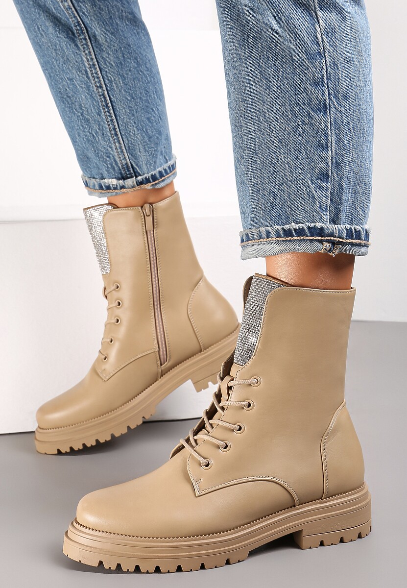 Ciemnobeżowe Botki Workery z Brokatowym Językiem Minoso