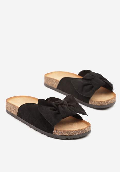 Czarne Klapki na Podeszwie z Imitacji Korka Zdobione Kokardą Zenella