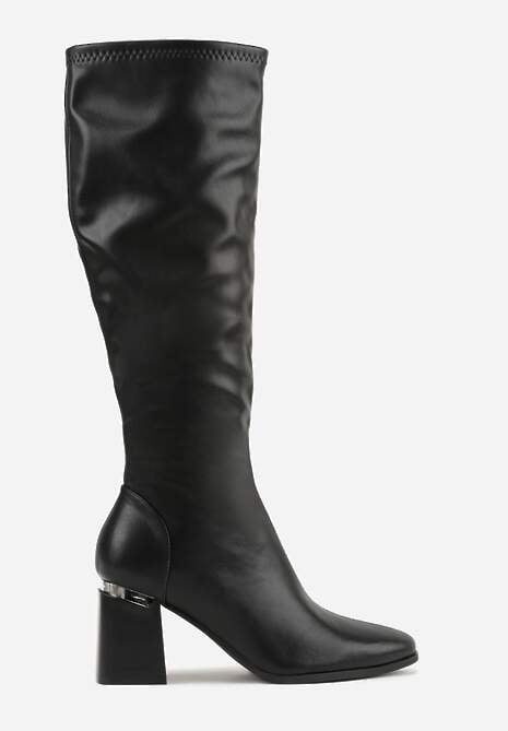 Czarne Klasyczne Kozaki VICES na Słupkowym Obcasie z Metaliczną Aplikacją Rannora