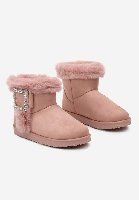 Różowe Śniegowce  na Płaskiej Podeszwie z Futerkiem i Klamrą z Cyrkoniami Liliara