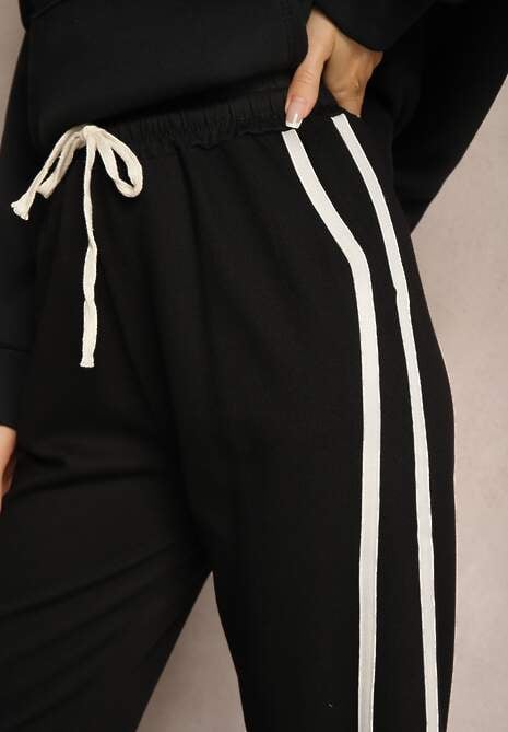 Czarne Spodnie z Wiskozą High Waist o Szerokim Kroju Ozdobione Lamówką Lulora