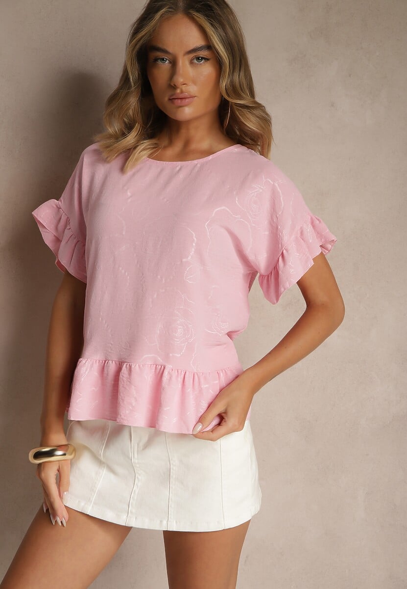 Różowa Bluzka Oversize Ozdobiona Falbanami Liriele