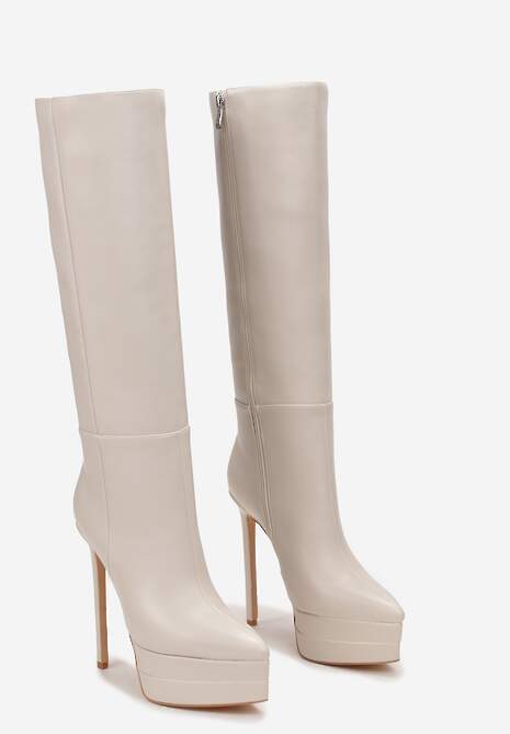 Beżowe Kozaki przed Kolano na Platformie i Szpilce Hezoppe