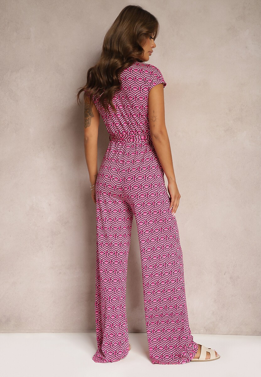 Fuksjowy Kombinezon z Dodatkiem Wiskozy z Wiązaniem w Talii w Geometryczny Wzór Trosofia