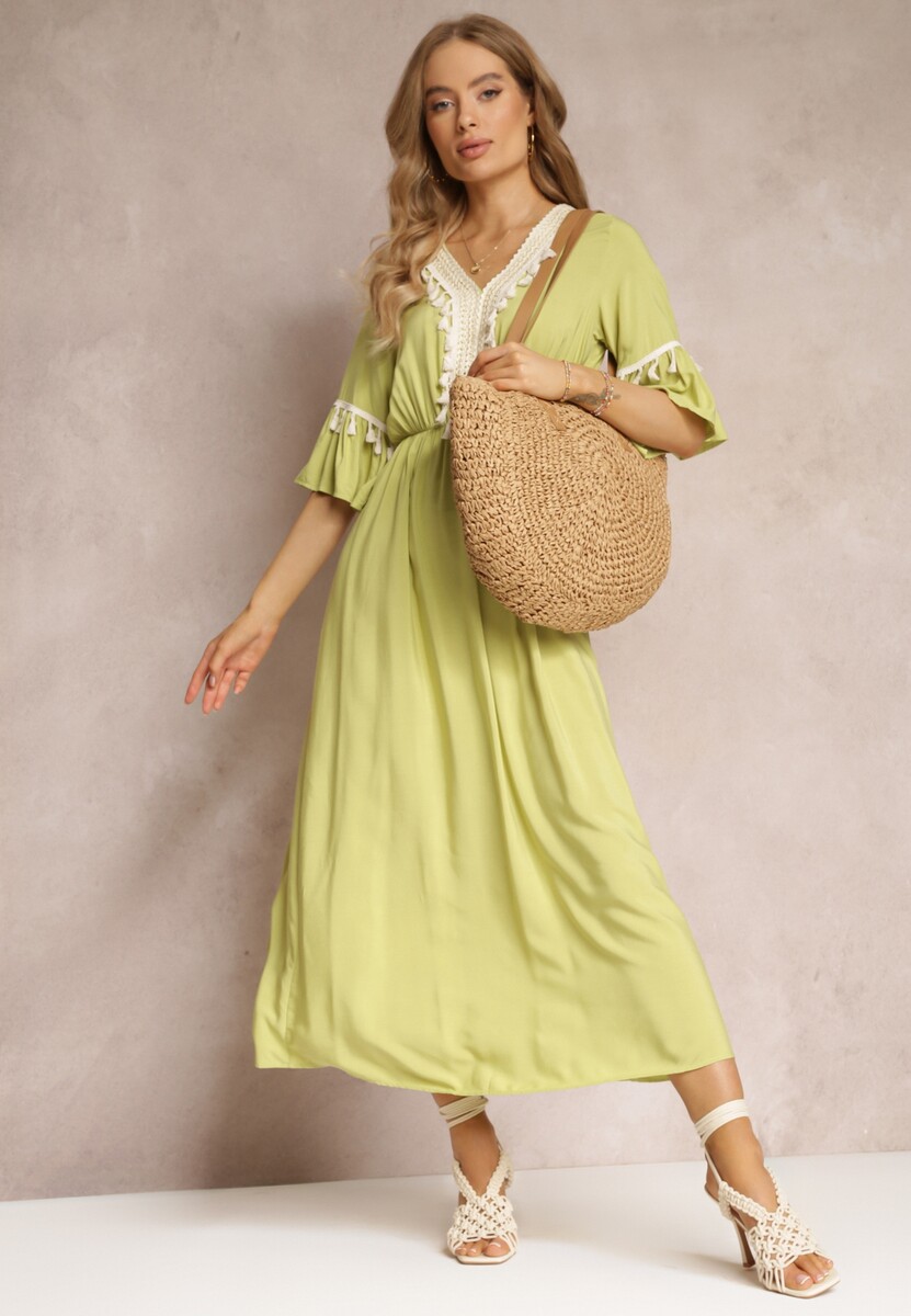 Jasnozielona Sukienka Maxi z Gumką w Talii z Ozdobnymi Chwostami z Wiskozy Zisel
