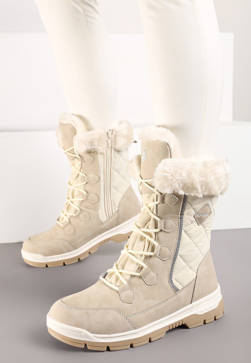 Beżowe Śniegowce z Pikowanym Przeszyciem i Futerkiem na Grubej Podeszwie Amartina