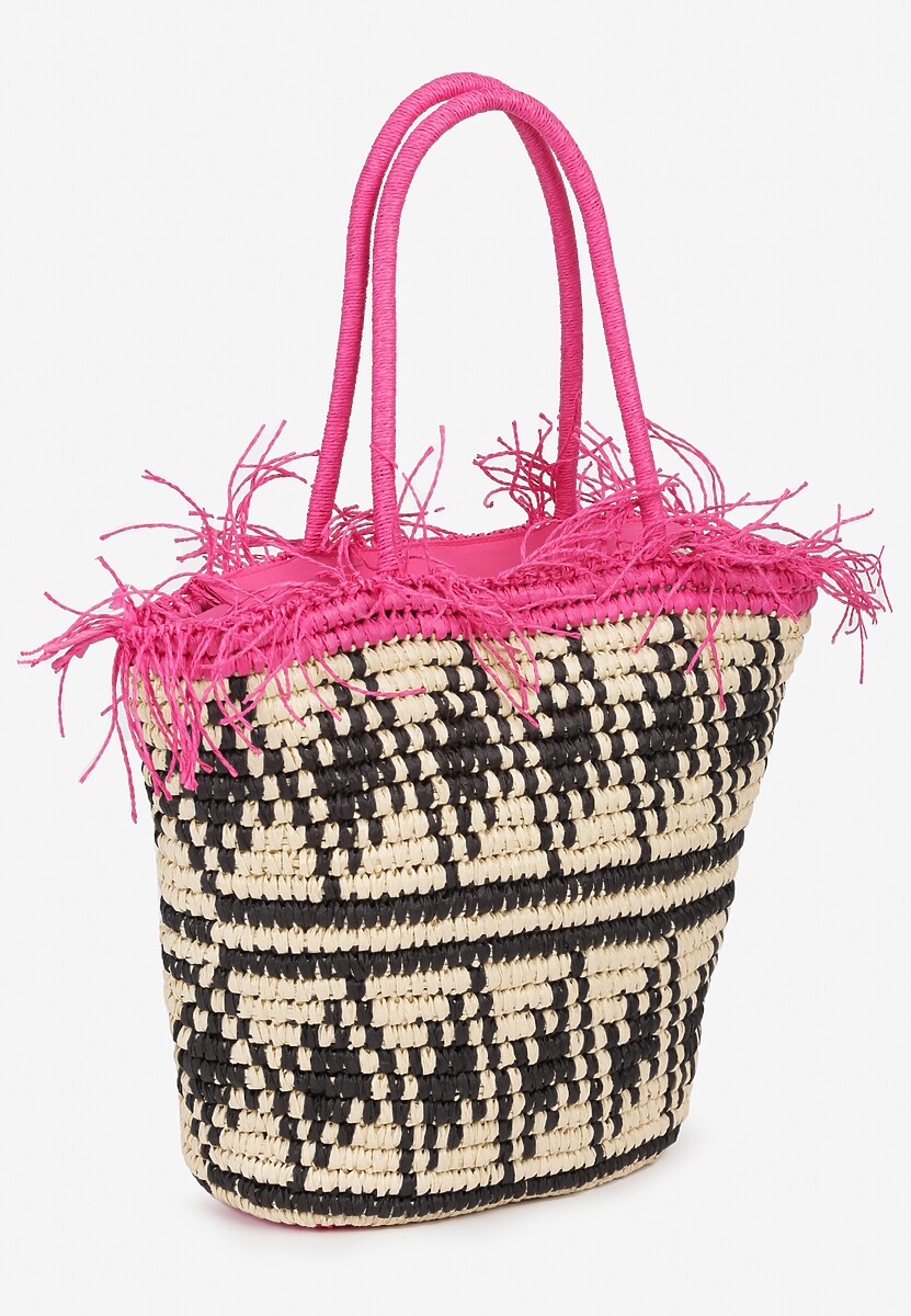 Beżowo-Różowa Torebka z Plecionki Ozdobiona Frędzlami Zapinana na Zamek Błyskawiczny Timazella