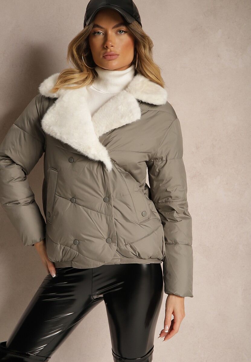 Zielona Kurtka Ozdobiona Pikowaniem Kołnierzem z Futerkiem i Napami Deolina