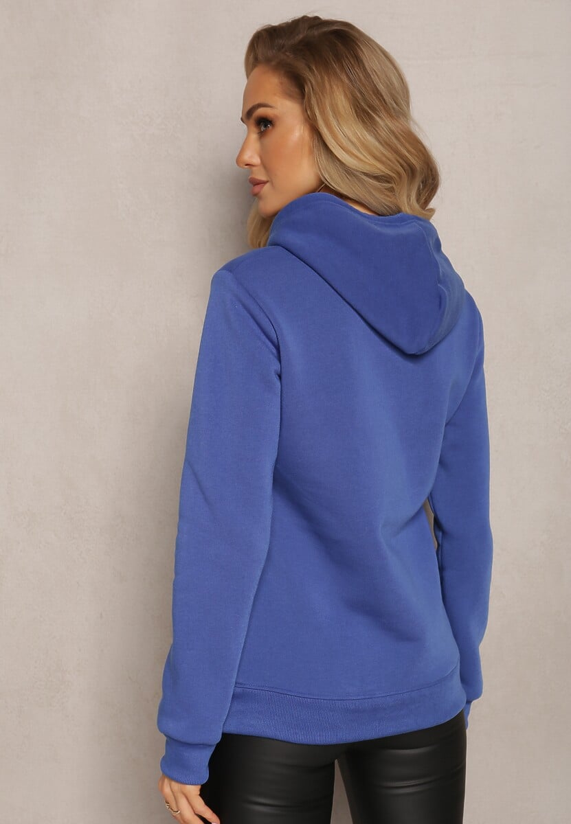 Niebieska Bluza Kangurka Ocieplona Polarem z Ozdobnym Nadrukiem Elili