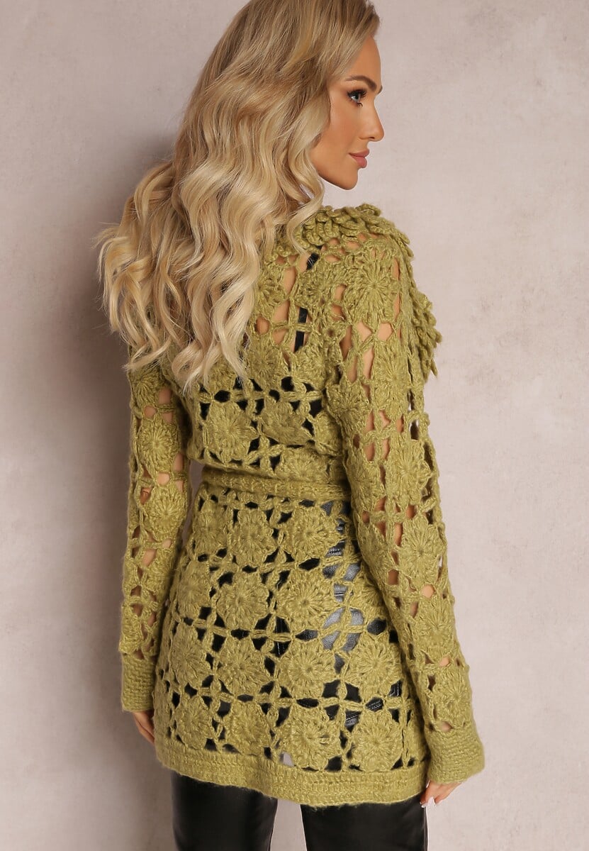 Zielony Ażurowy Kardigan z Wiązanym Paskiem Petrame