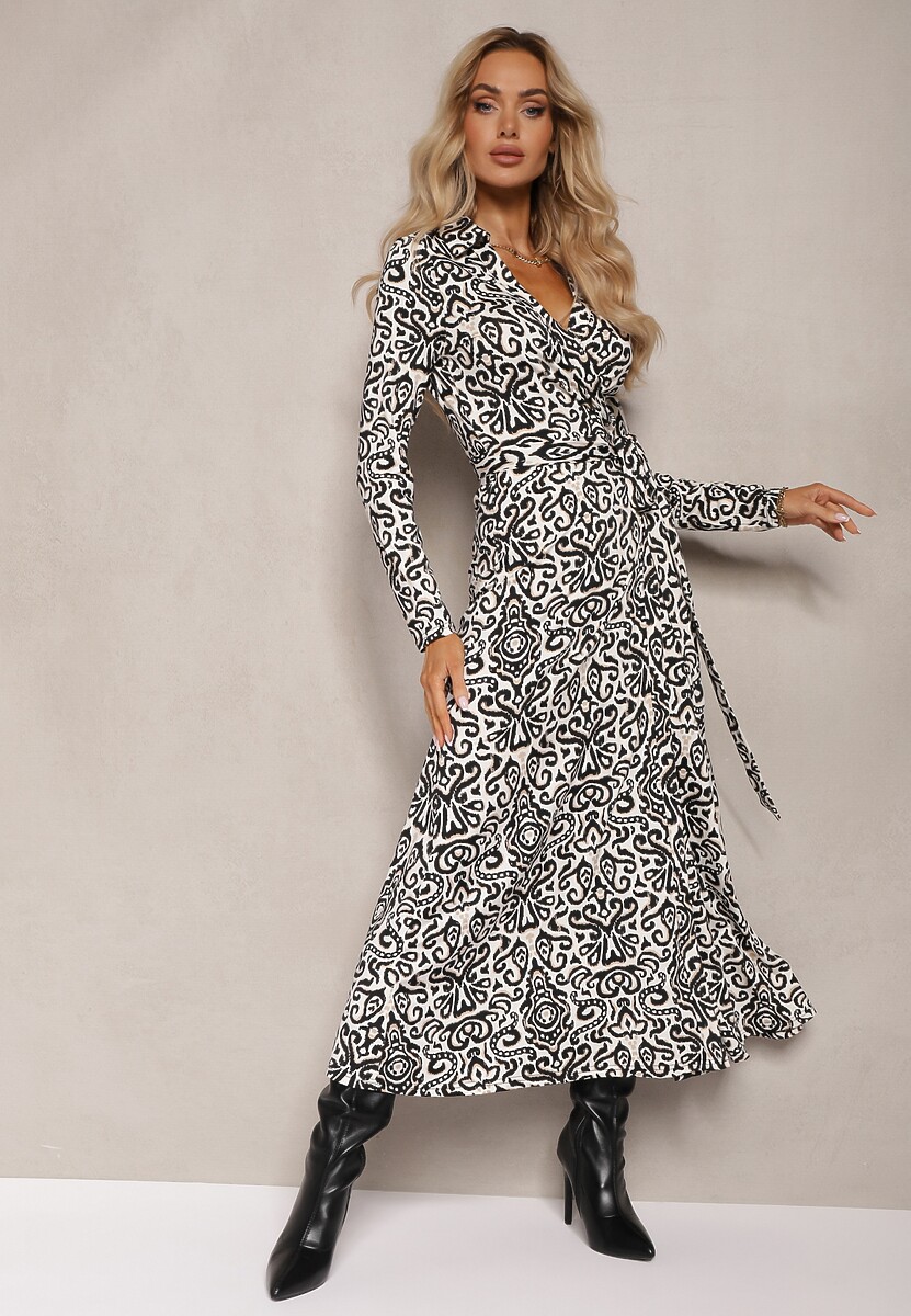 Czarno-Biała Taliowana Sukienka Maxi z Paskiem i Kopertowym Dekoltem Anetil