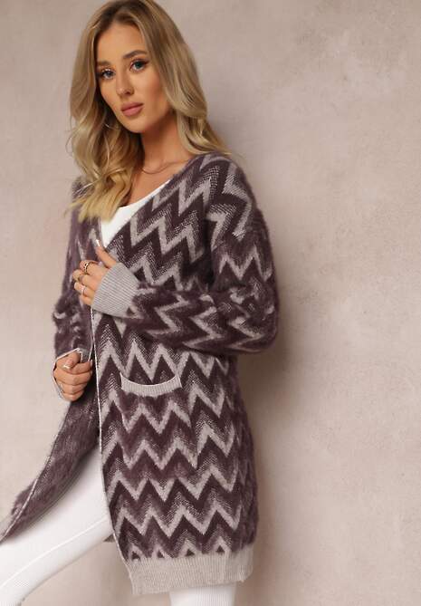 Ciemnofioletowy Niezapinany Kardigan o Przedłużonym Fasonie w Zygzaki Chevron Oherna