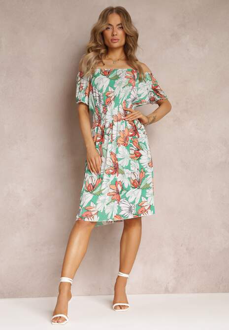 Zielona Sukienka Midi w Kwiaty z Hiszpańskim Dekoltem i Gumkami w Talii Clemitte