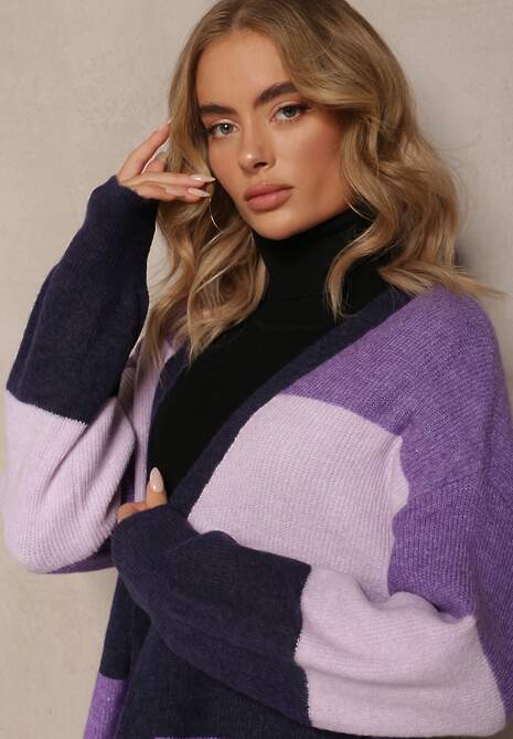 Fioletowy Luźny Kardigan Niezapinany w Paski Blikoze