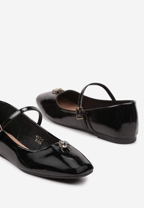 Czarne Balerinki Ozdobione Aplikacją Owada z Paskiem i Sprzączką Nevisola