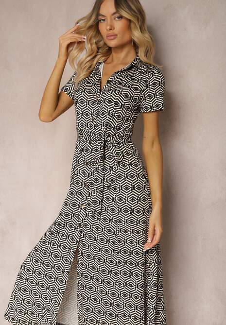 Czarna Koszulowa Sukienka w Geometryczny Wzór Zapinana na Guziki Xarrah
